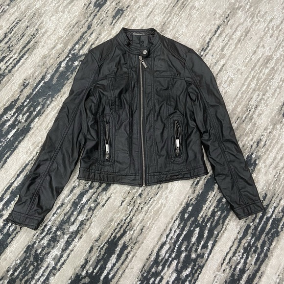 L2 Women's Black Faux Leather Zip Up Collared Motorcycle Jacket Size M - Picture 1 of 6